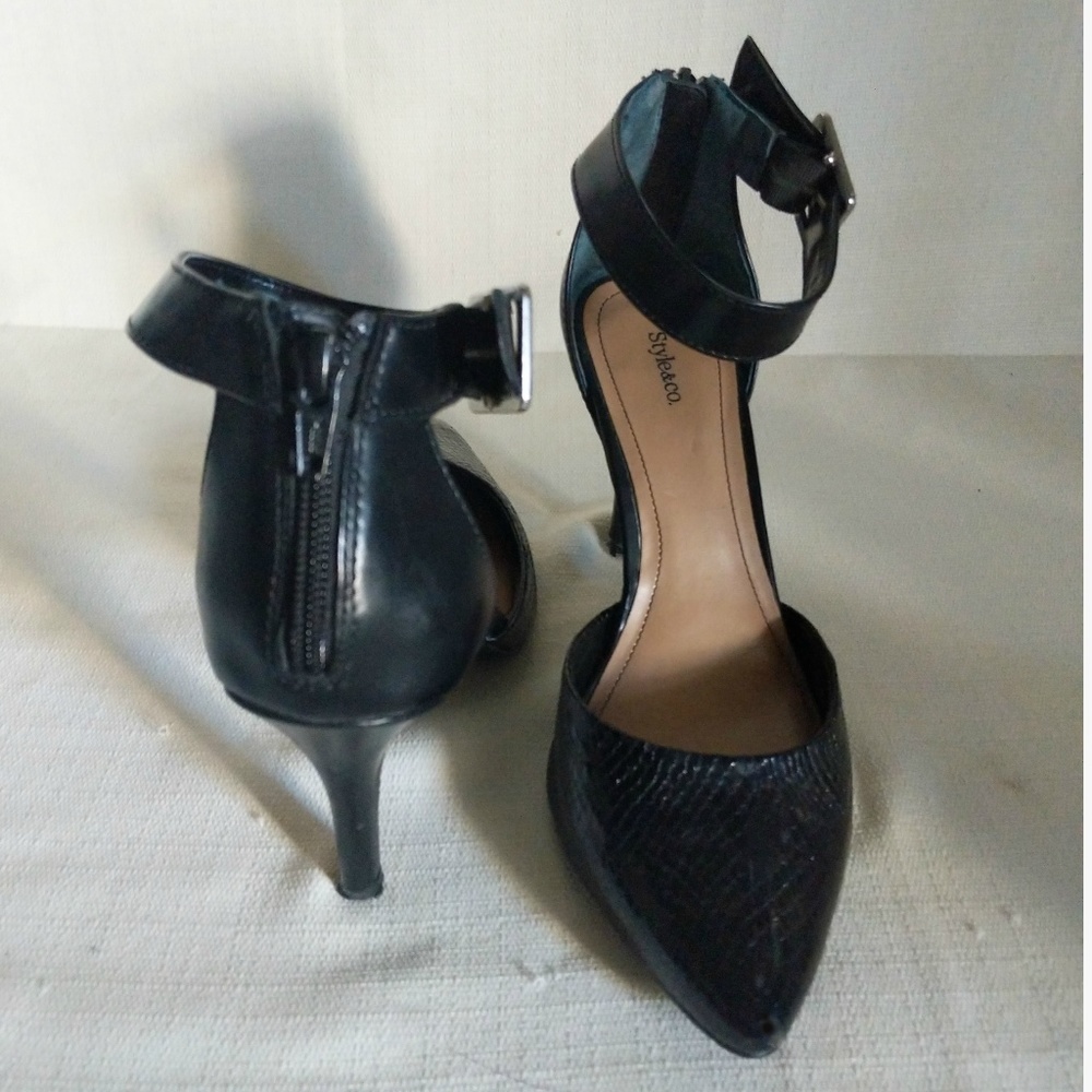 Faux Snake Heels Back Zippers Ankle Straps Black